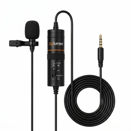 Joylumea™ Clip-On Lavalier Microphone – Omnidirectional 3.5mm Wired Lapel Mic with Camera/Smartphone Mode Control, Long Cable for Video Recording, Interviews, Vlogging & Content Creation