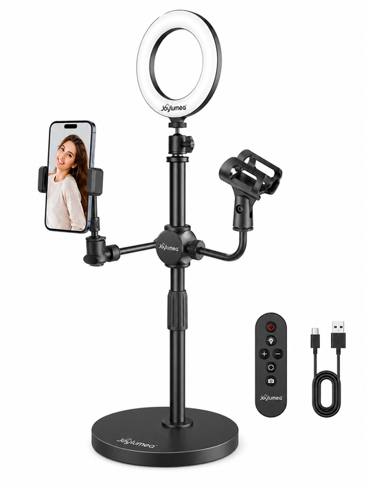 Joylumea™ All-in-One Creator Station with LED Ring Light, Adjustable Phone & Microphone Holders, 360° Flexible Arms, Remote Control and Weighted Desktop Base for Streaming, Podcasting, Video & Content Creation