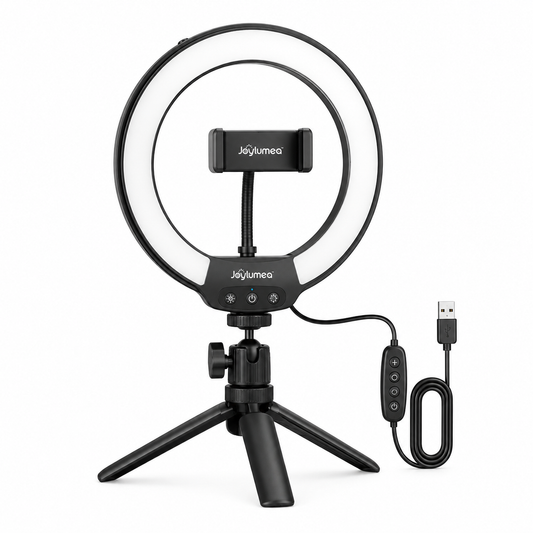 Joylumea™ Compact LED Ring Light with Mini Tripod & Flexible Phone Holder, 3 Color Modes, 10 Brightness Levels, USB Powered Desk Light for Streaming, Video Calls, Makeup & Content Creation